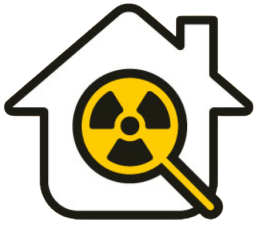 Outline of a house with a magnifying glass showing a radiation symbol inside.
