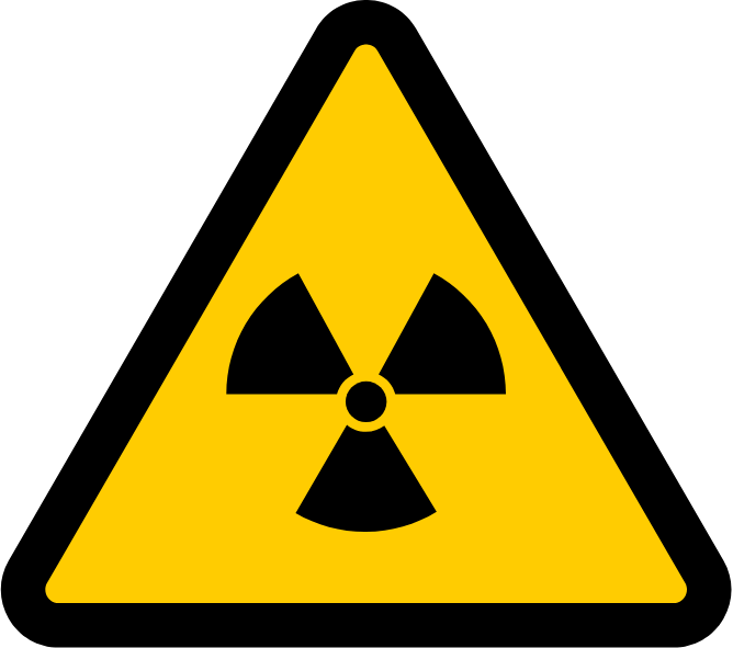 Yellow triangle warning sign with a black radiation hazard symbol in the center.