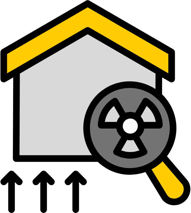 Icon of a house with upward arrows and a magnifying glass showing a radiation symbol.
