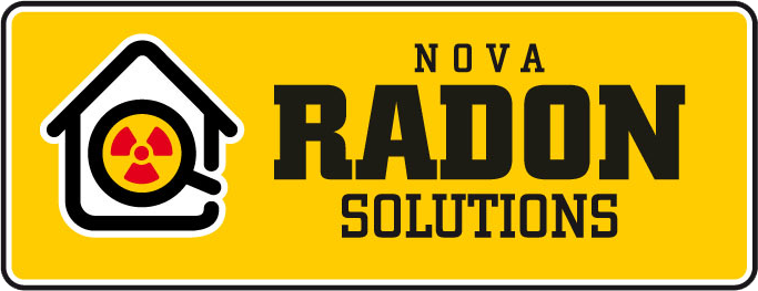 Yellow "Nova Radon Solutions" logo with a house icon and a radiation symbol inside a magnifying glass.