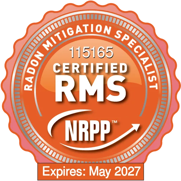 Orange badge for a certified radon mitigation specialist, expiring May 2027, with NRPP and RMS.